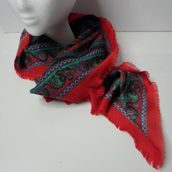 Specialty House Italy Made Scarf Red Black Green Paisley Psychedelic Retro Boho - Picture 2 of 4